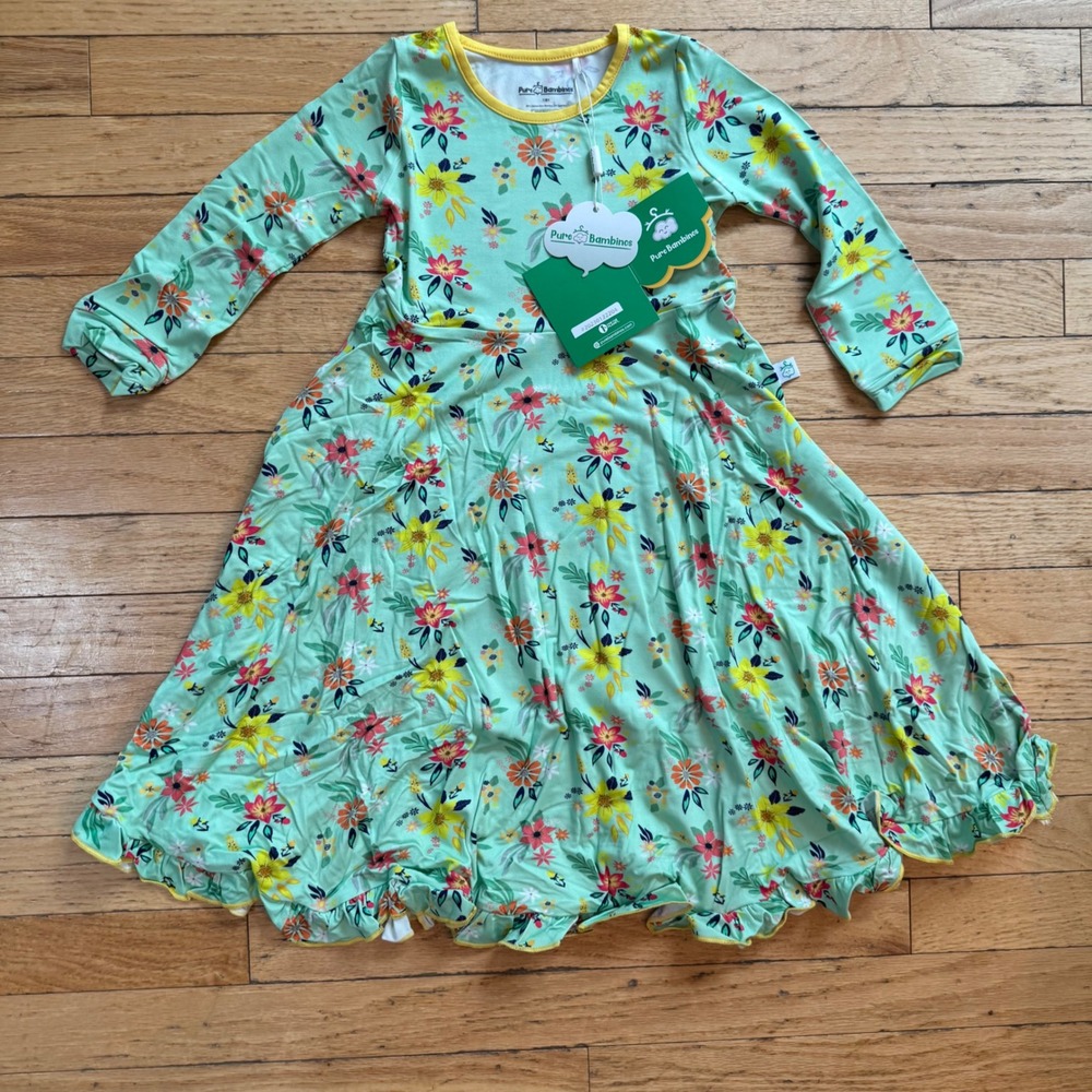 Pure Bambinos‎ Bloom Journey Bamboo Twirl Dress Floral Mint Green Kids 7/8Y NWT